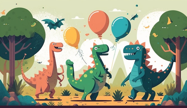Dinossauros dos desenhos animados com balões na floresta generativa ai