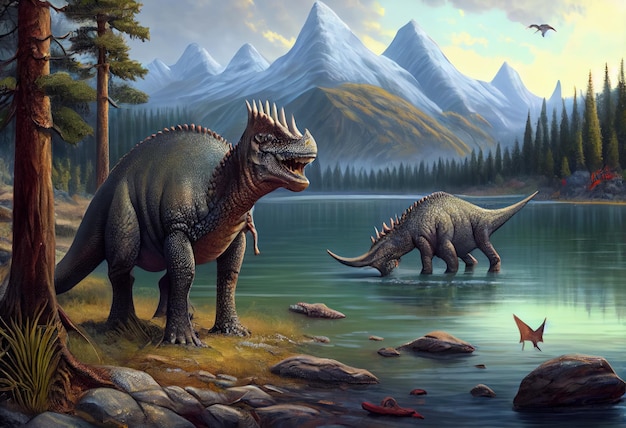 Dinossauros por um grande lago