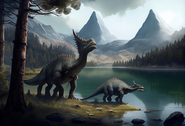 Dinossauros por um grande lago