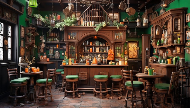 Foto diorama 3d de un acogedor pub irlandés con taburetes de bar