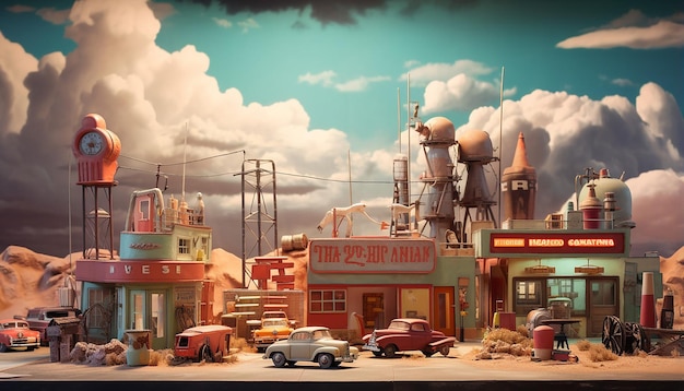 Diorama americano de los años 50 de cerca el retrofuturismo detallado