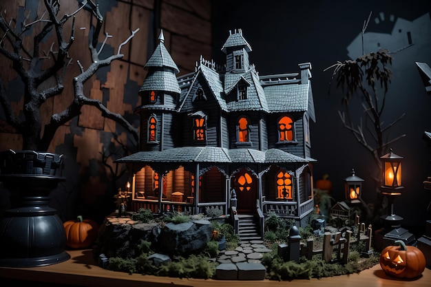 Foto diorama de casa embrujada en miniatura con detalles espeluznantes concepto de halloween