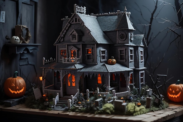 Foto diorama de casa embrujada en miniatura con detalles espeluznantes concepto de halloween