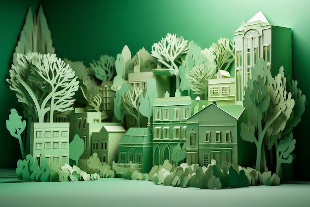 Diorama de ciudad verde con edificios y árboles paperart generative ai