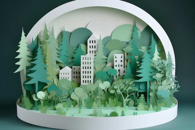 Diorama de ciudad verde con edificios y árboles paperart generative ai