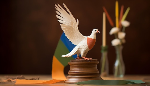 Diorama com uma pequena pomba empoleirada em uma fita tricolor gerada por inteligência artificial