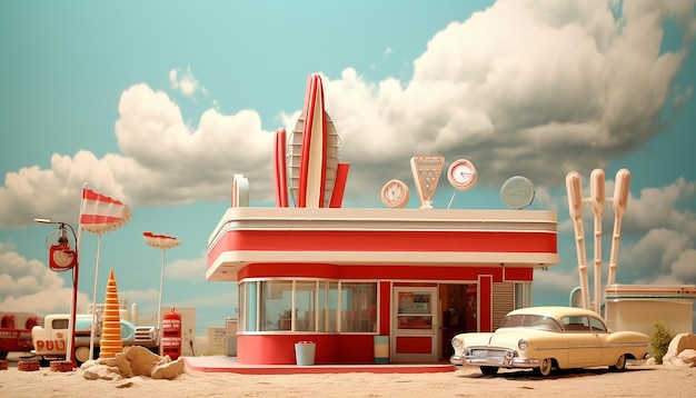 Diorama de Americana dos anos 1950 fecha retrofuturismo detalhado