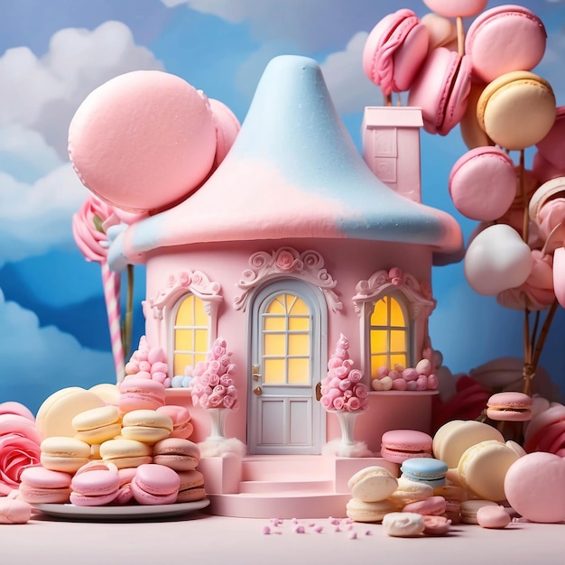 Foto diorama de casa de algodão-doce de cores pastel com creme batido de bolo e macarrão em uma mesa