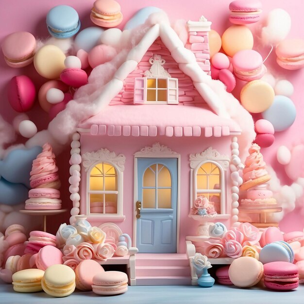 Foto diorama de casa de algodão-doce de cores pastel com creme batido de bolo e macarrão em uma mesa