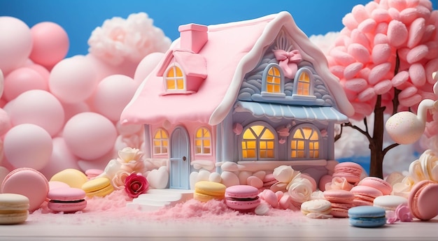 Foto diorama de casa de algodão-doce de cores pastel com creme batido de bolo e macarrão em uma mesa