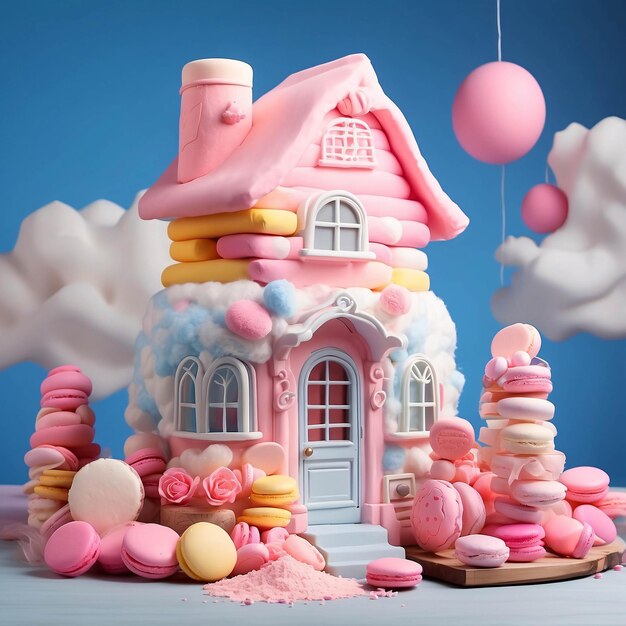 Foto diorama de casa de algodão-doce de cores pastel com creme batido de bolo e macarrão em uma mesa