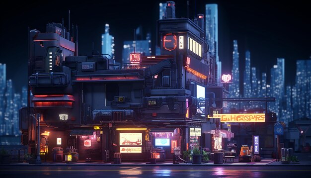 Diorama de voxel brilhante em 3D da esquina da rua da cidade cyberpunk à noite