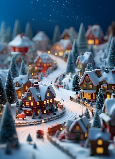 Diorama einer Dorfstadt mit verschneiter Straßenszene