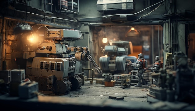 Diorama eines Roboterkriegsgebiets von 2049. Miniatur der digitalen Kriegsführung