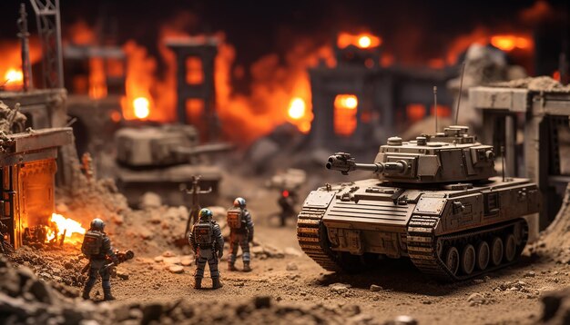 Diorama eines Roboterkriegsgebiets von 2049. Miniatur der digitalen Kriegsführung