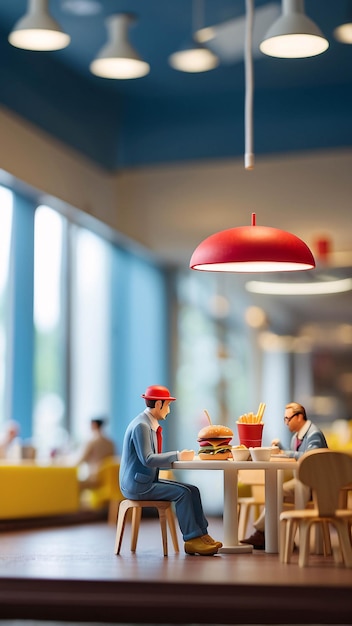 Diorama Fast-Food-Laden Mann isst Burger Pommes Frites Inneres Restaurant Miniatur-Mikrofotografie