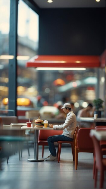 Diorama Fast-Food-Laden Mann isst Burger Pommes Frites Inneres Restaurant Miniatur-Mikrofotografie