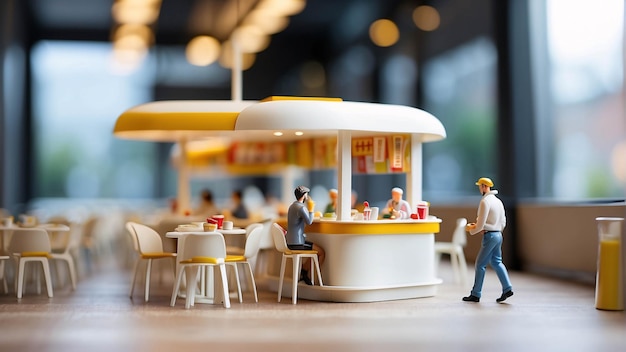 Diorama Fast-Food-Laden Mann isst Burger Pommes Frites Inneres Restaurant Miniatur-Mikrofotografie