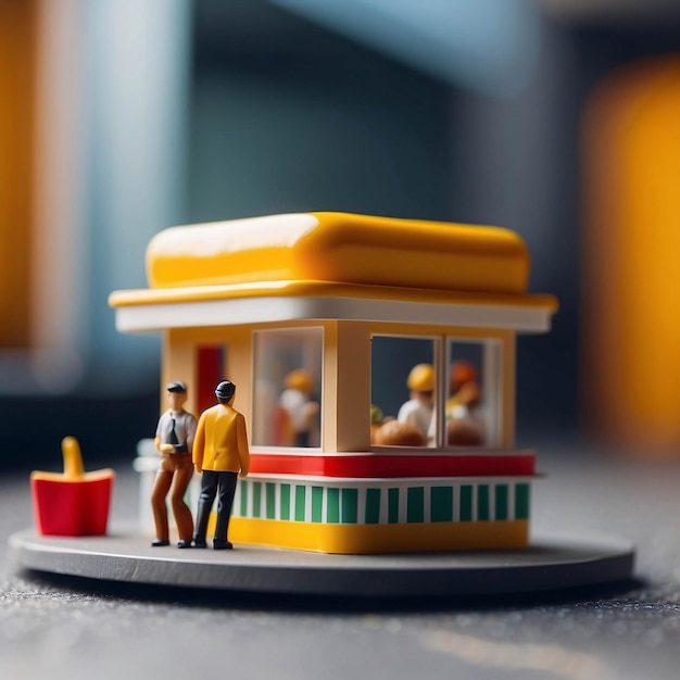 Diorama Fast-Food-Laden Mann isst Burger Pommes Frites Inneres Restaurant Miniatur-Mikrofotografie