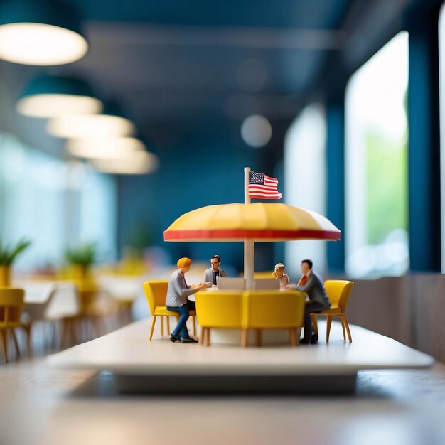 Diorama Fast Food Store Homem comendo hambúrguer batatas fritas Restaurante interior Microfotografia em miniatura