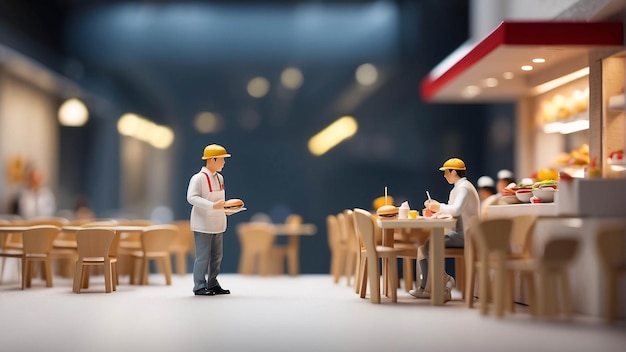 Diorama Fast Food Store Homem comendo hambúrguer batatas fritas Restaurante interior Microfotografia em miniatura