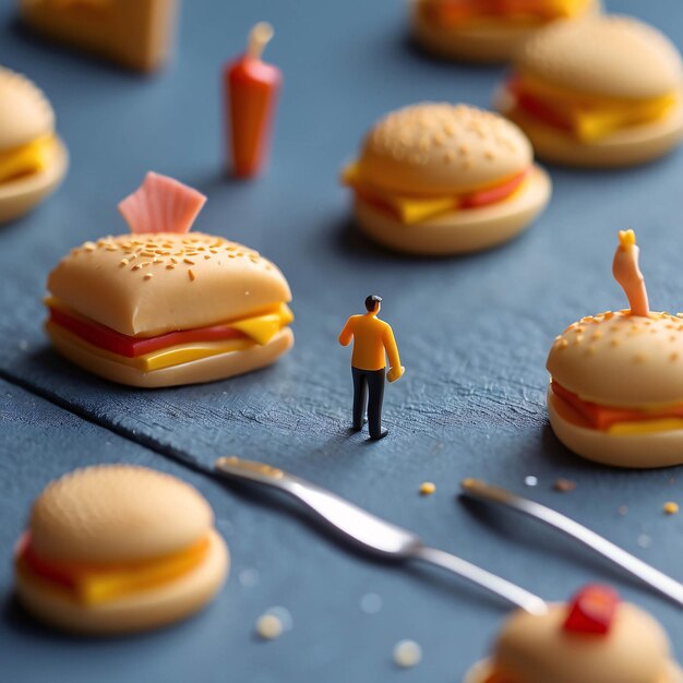 Foto diorama fast food store homem comendo hambúrguer batatas fritas restaurante interior microfotografia em miniatura