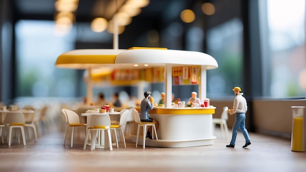 Diorama Fast Food Store Homem comendo hambúrguer batatas fritas Restaurante interior Microfotografia em miniatura