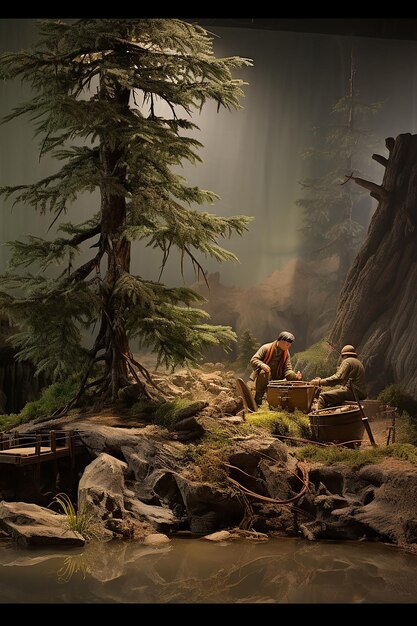 Diorama fotorrealista de un museo de exploradores estadounidenses de los años 1800 con árboles falsos y agua falsa