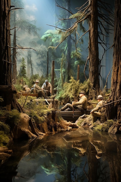 Diorama fotorrealista de un museo de exploradores estadounidenses de los años 1800 con árboles falsos y agua falsa