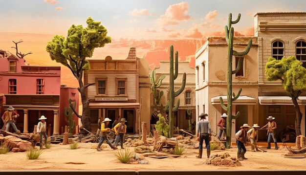 Diorama fotorrealista del museo de VAQUEROS OCCIDENTALES EN una ciudad occidental con un árbol falso