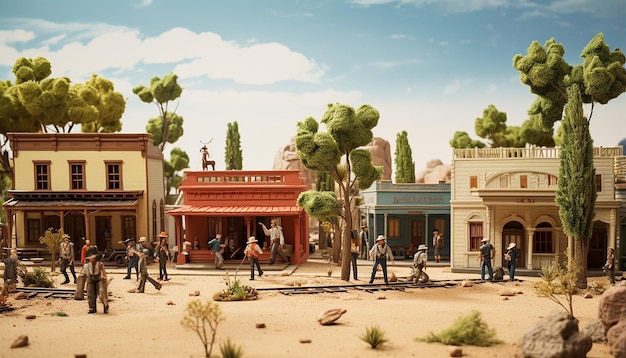 Diorama fotorrealista del museo de VAQUEROS OCCIDENTALES EN una ciudad occidental con un árbol falso