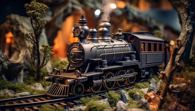 Foto diorama histórico de trem steampunk na ferrovia