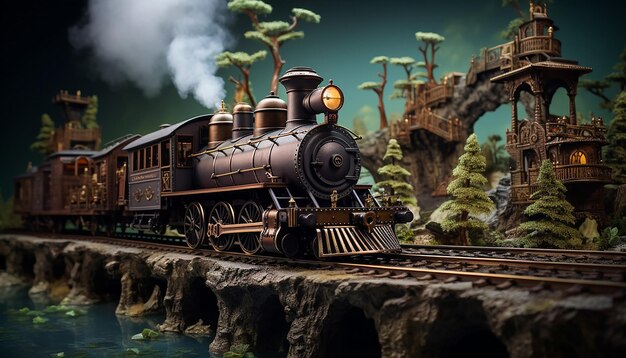 Foto diorama histórico de trem steampunk na ferrovia