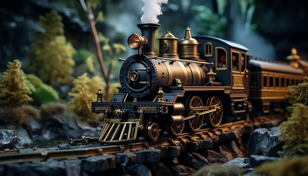 Foto diorama histórico del tren steampunk en el ferrocarril.