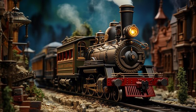 Diorama histórico del tren steampunk en el ferrocarril.