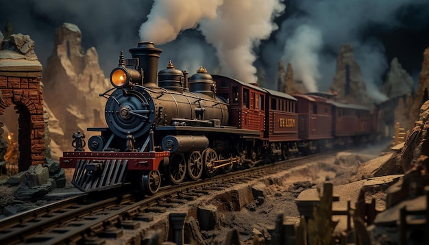 Diorama histórico del tren steampunk en el ferrocarril.