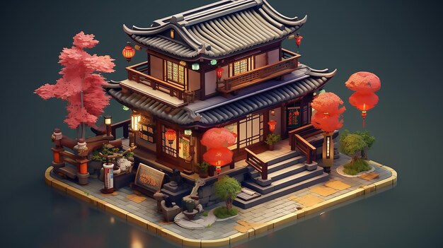 Diorama isométrico de un edificio de estilo japonés