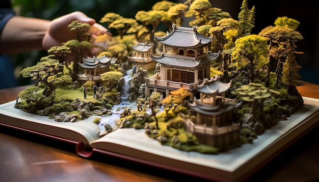 Diorama en miniatura de un jardín chino de Jiangnan con detalles intrincados