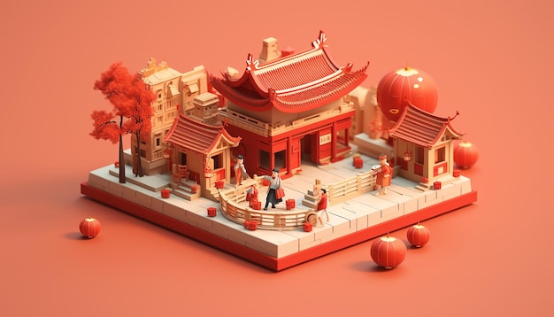 Diorama minimalista de ano novo chinês isométrico gerado por inteligência artificial
