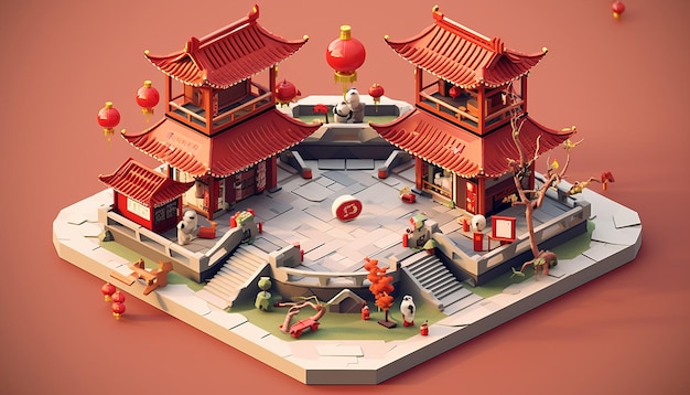 Diorama minimalista de ano novo chinês isométrico gerado por inteligência artificial