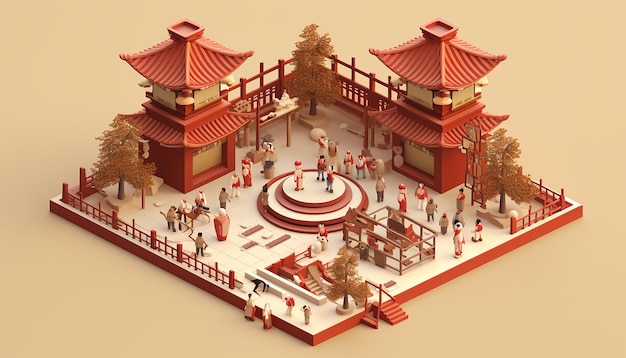 Foto diorama minimalista de ano novo chinês isométrico gerado por inteligência artificial