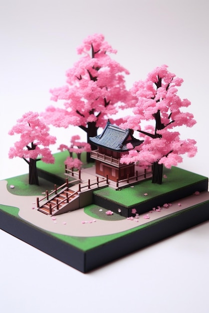 Diorama minimalista de flores de cerejeira