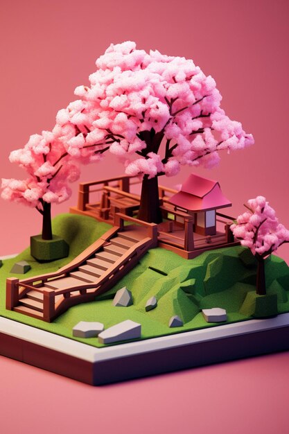 Diorama minimalista de las flores de cerezo