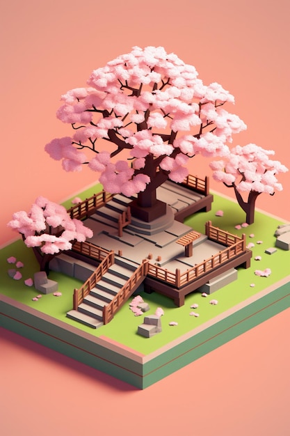 Diorama minimalista de las flores de cerezo