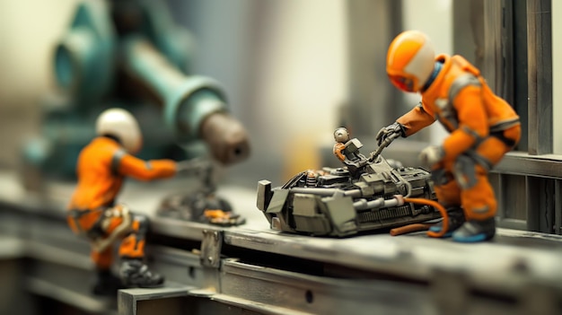 Foto diorama realista robot trabajador juguetes miniaturas haciendo su trabajo