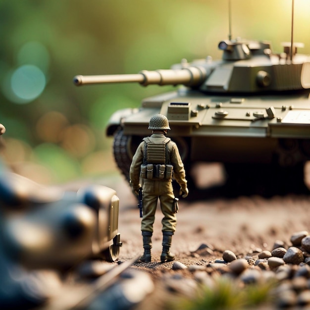 Foto diorama de un soldado de juguete y un tanque