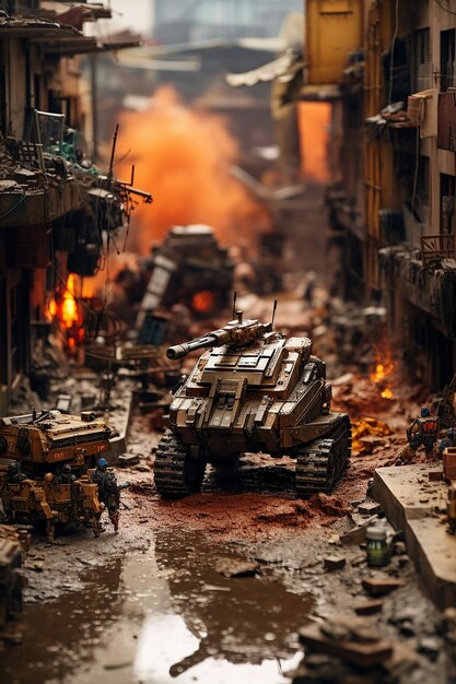 Diorama de una zona de guerra robótica de 2049 Miniatura de guerra digital