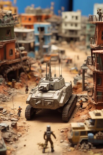 Foto diorama de una zona de guerra robótica de 2049 miniatura de guerra digital