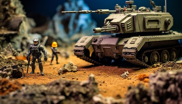 Diorama de una zona de guerra robótica del año 2049. Miniatura de guerra digital.