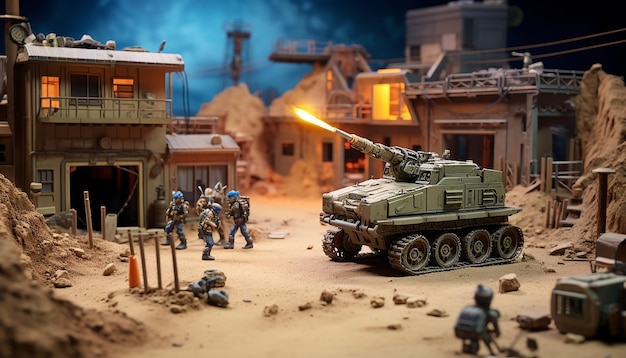 Diorama de una zona de guerra robótica del año 2049. Miniatura de guerra digital.